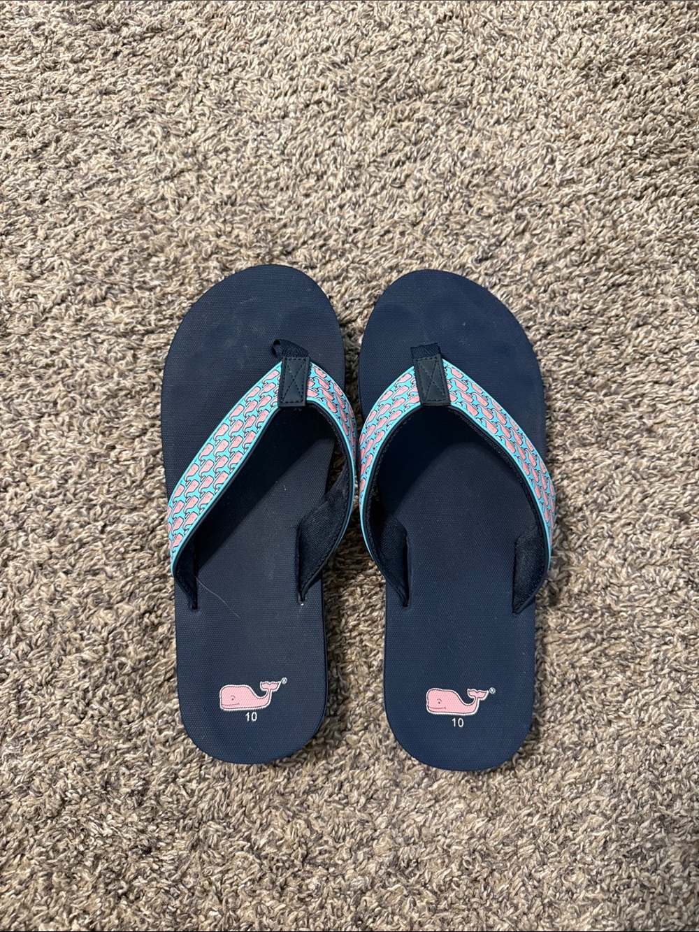 Vineyard Vines Navy Flip Flops with Pink & Aqua Patterned Strap